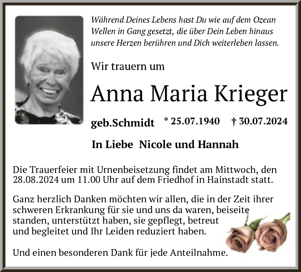  Traueranzeige für Anna Maria Krieger vom 17.08.2024 aus OF