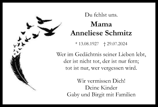 Traueranzeige von Anneliese Schmitz von OF