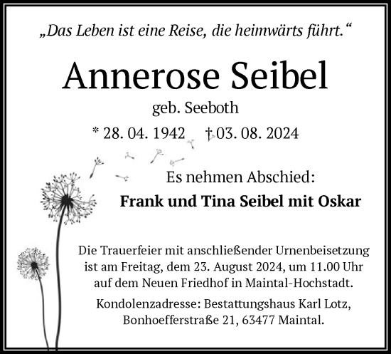 Traueranzeige von Annerose Seibel von OF