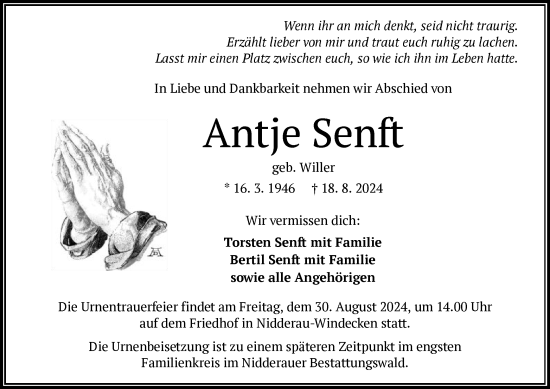 Traueranzeige von Antje Senft von OF