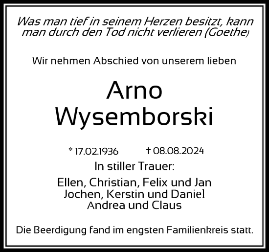 Traueranzeige von Arno Wysemborski von OF