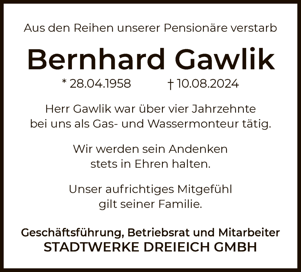  Traueranzeige für Bernhard Gawlik vom 17.08.2024 aus OFOF