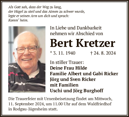 Traueranzeige von Bert Kretzer von OF