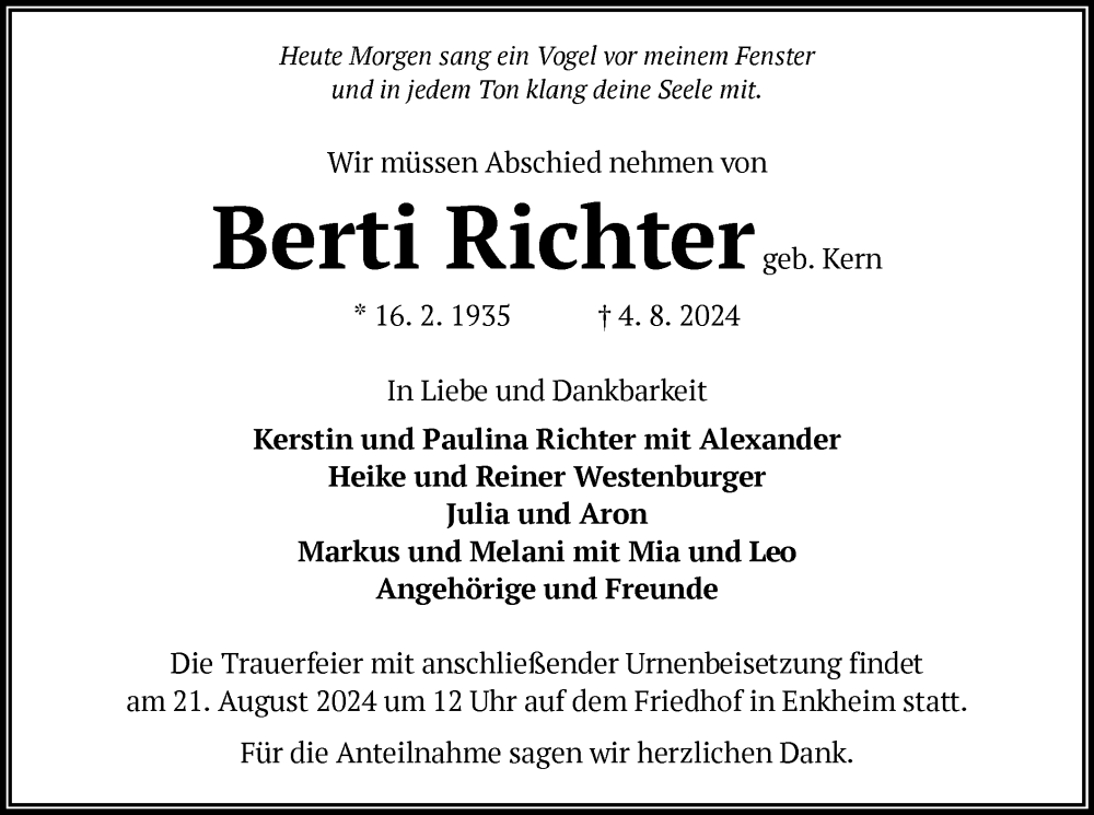  Traueranzeige für Berti Richter vom 17.08.2024 aus OF