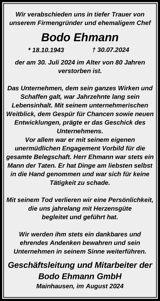  Traueranzeige für Bodo Ehmann vom 10.08.2024 aus OFOF