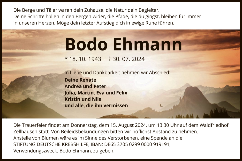  Traueranzeige für Bodo Ehmann vom 10.08.2024 aus OF