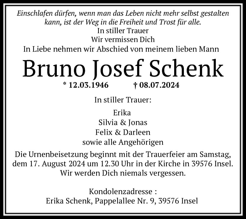  Traueranzeige für Bruno Josef Schenk vom 10.08.2024 aus OF