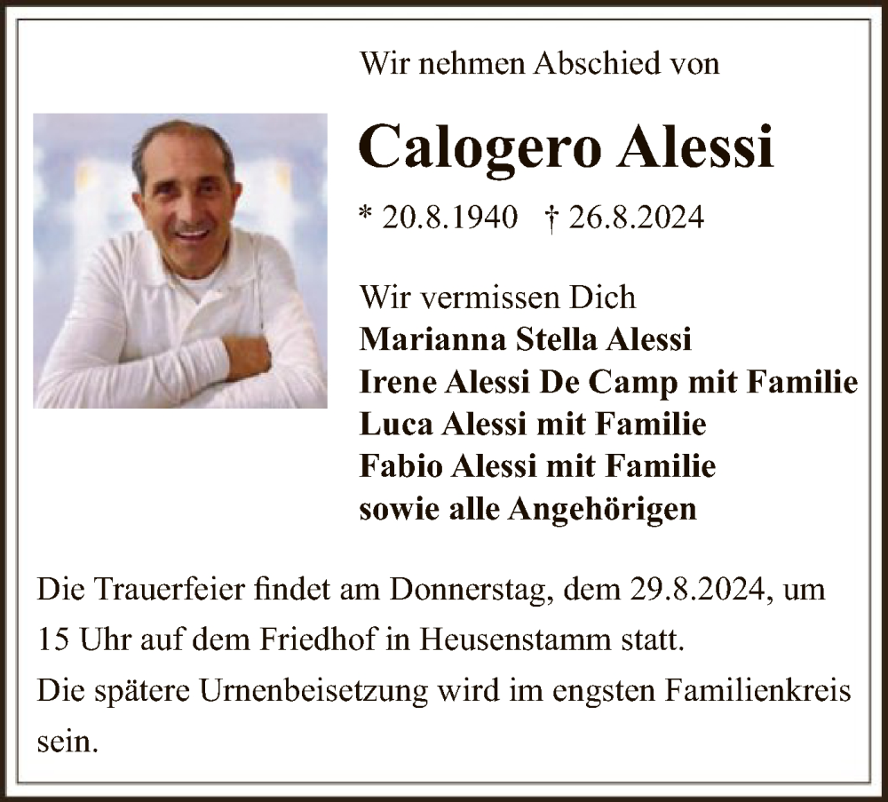  Traueranzeige für Calogero Alessi vom 28.08.2024 aus OF
