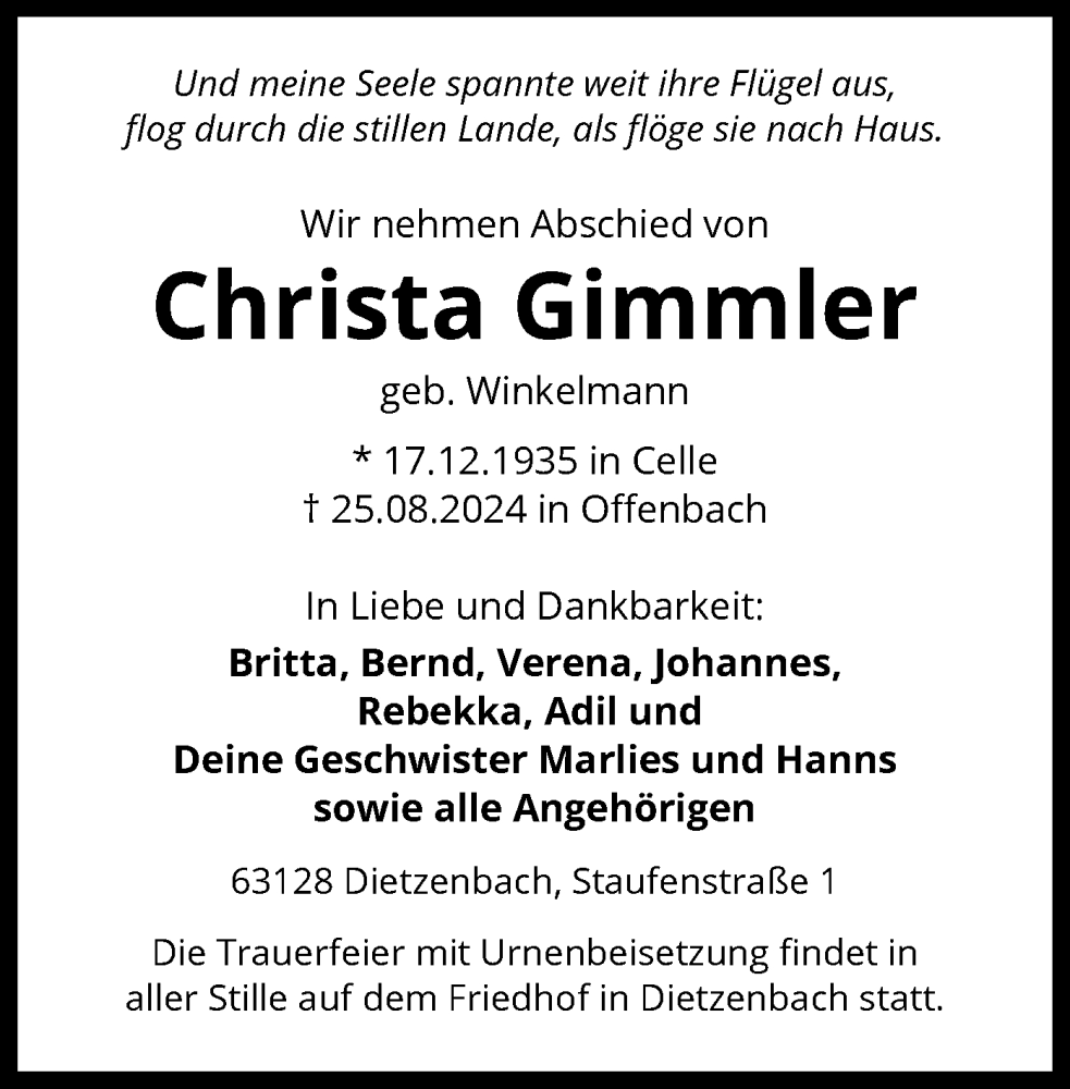  Traueranzeige für Christa Gimmler vom 31.08.2024 aus OF