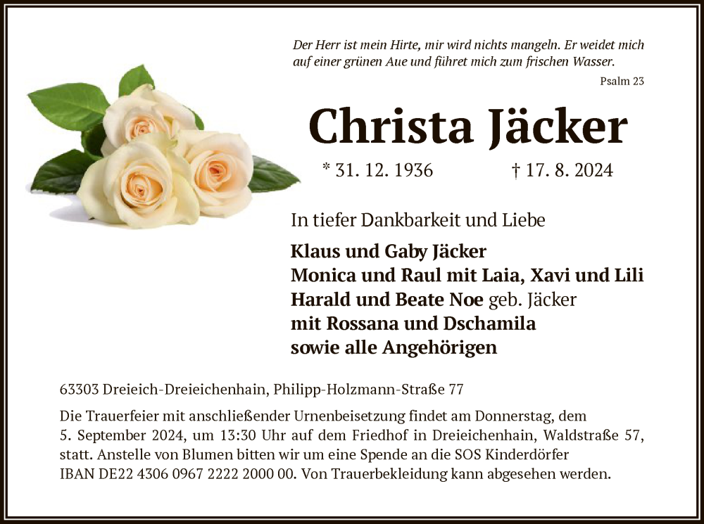 Traueranzeige für Christa Jäcker vom 31.08.2024 aus OF