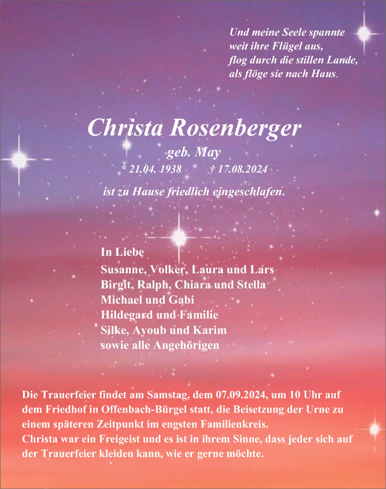  Traueranzeige für Christa Rosenberger vom 24.08.2024 aus OF