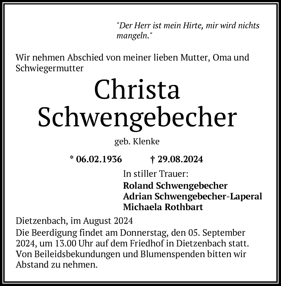  Traueranzeige für Christa Schwengebecher vom 31.08.2024 aus OF