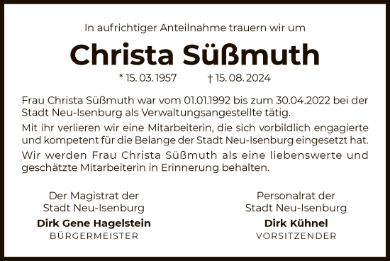 Traueranzeige von Christa Süßmuth von OF