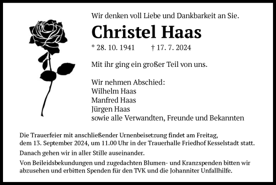 Traueranzeige von Christel Haas von OF