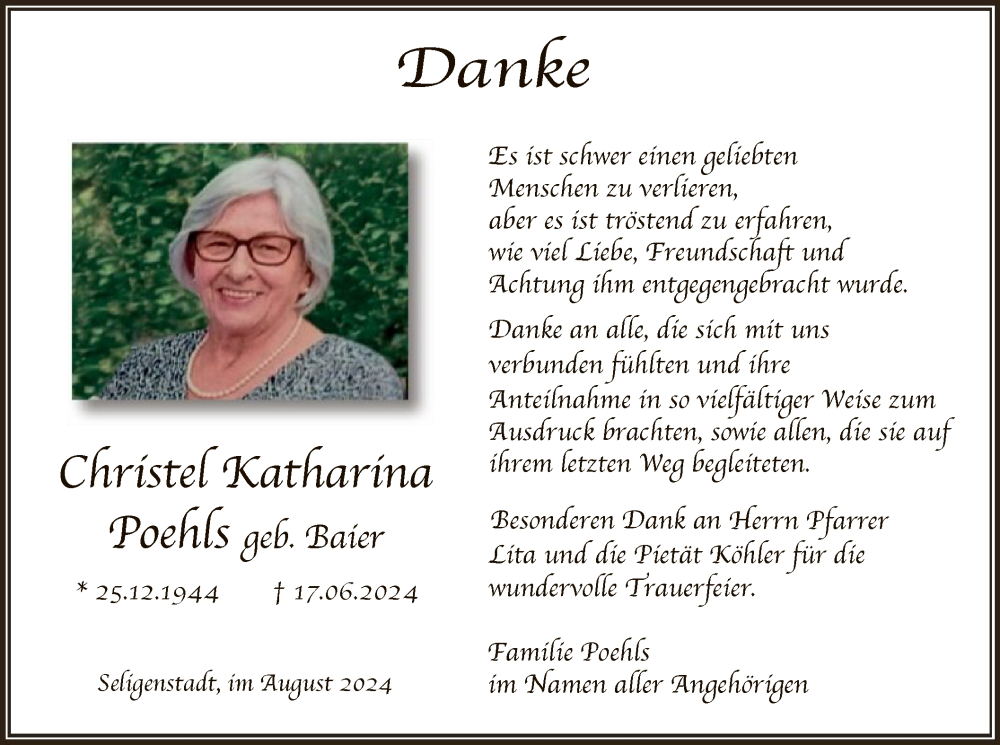  Traueranzeige für Christel Katharina Poehls vom 17.08.2024 aus OF