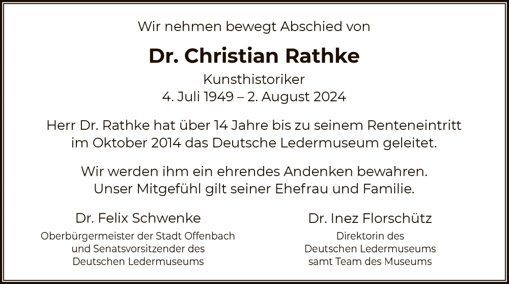  Traueranzeige für Christian Rathke vom 09.08.2024 aus OF