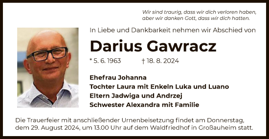 Traueranzeige von Darius Gawracz von OF