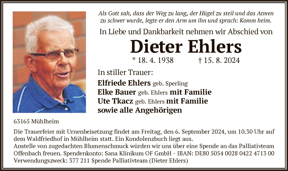  Traueranzeige für Dieter Ehlers vom 31.08.2024 aus OF