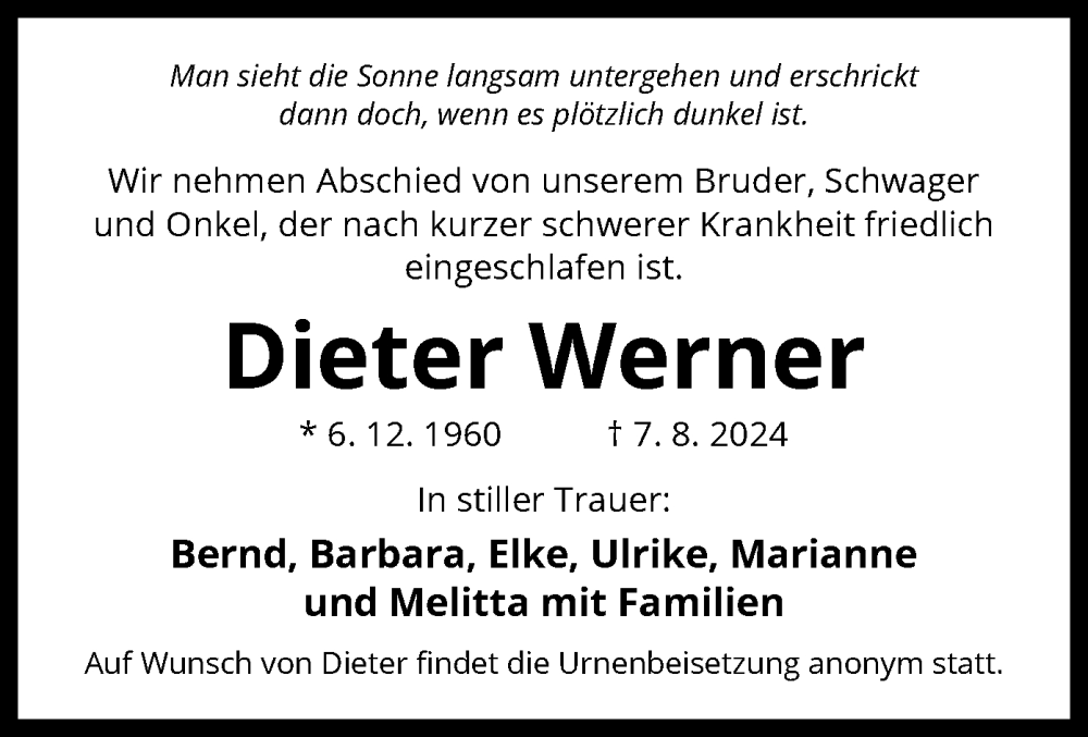  Traueranzeige für Dieter Werner vom 24.08.2024 aus OF