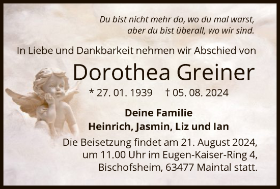 Traueranzeige von Dorothea Greiner von OF
