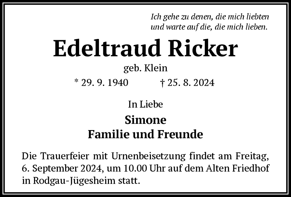  Traueranzeige für Edeltraud Ricker vom 31.08.2024 aus OF
