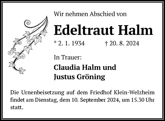 Traueranzeige von Edeltraut Halm von OF