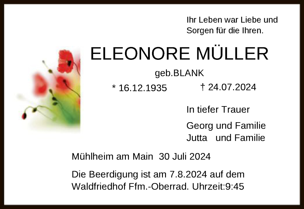  Traueranzeige für Eleomore Müller vom 03.08.2024 aus OF