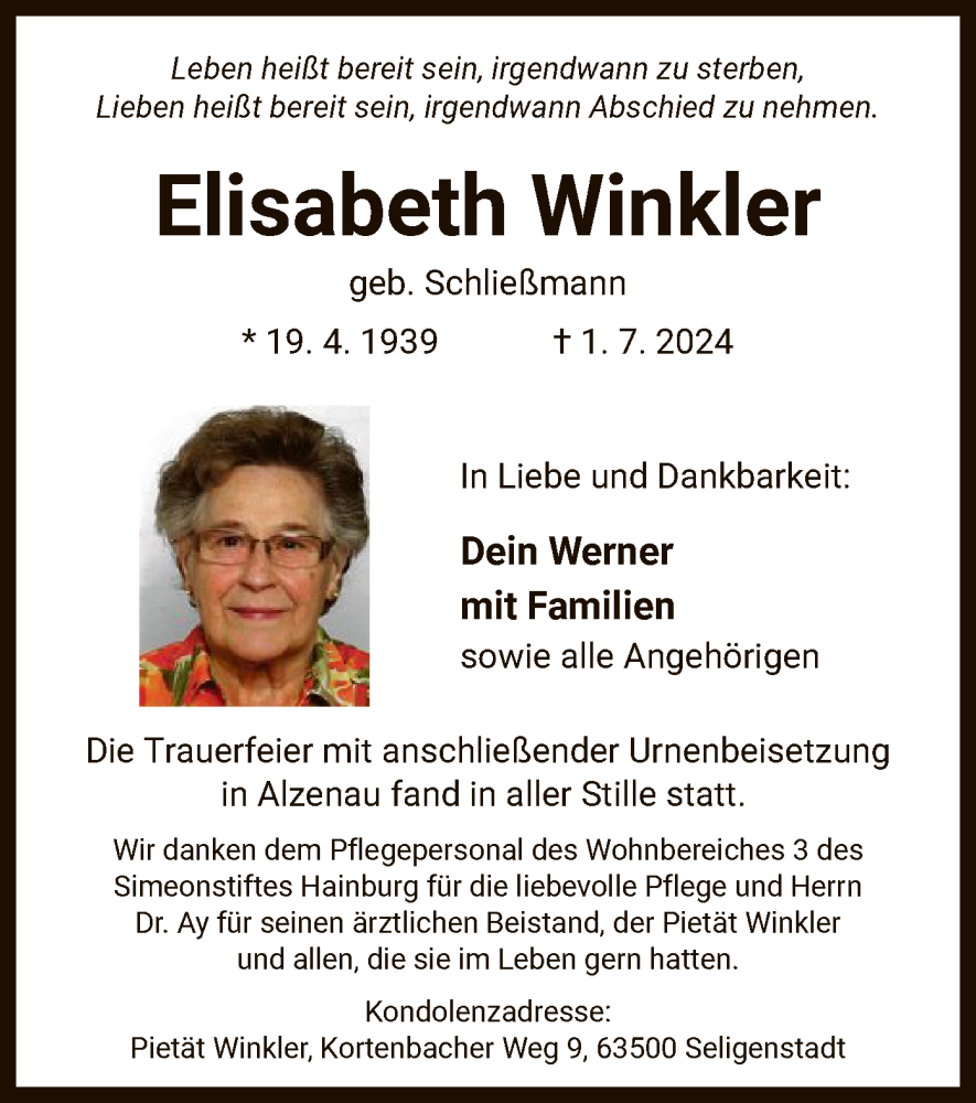  Traueranzeige für Elisabeth Winkler vom 03.08.2024 aus OF