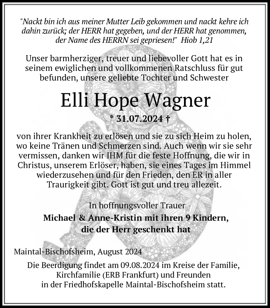  Traueranzeige für Elli Hope Wagner vom 08.08.2024 aus OF
