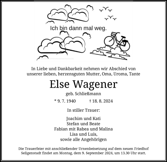 Traueranzeige von Else Wagener von OF