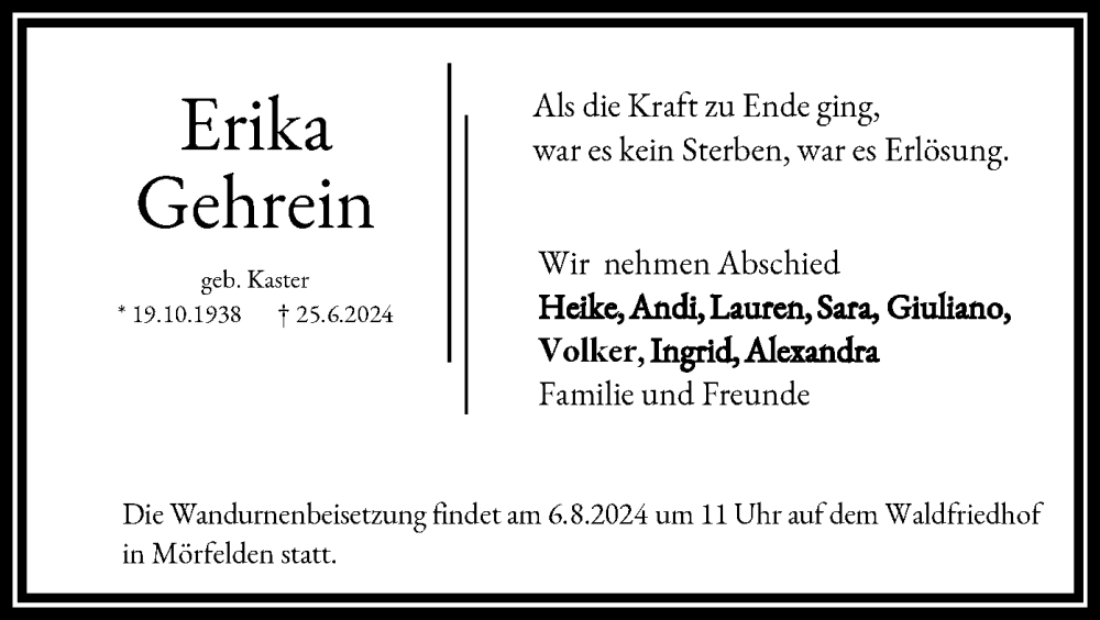  Traueranzeige für Erika Gehrein vom 03.08.2024 aus OF