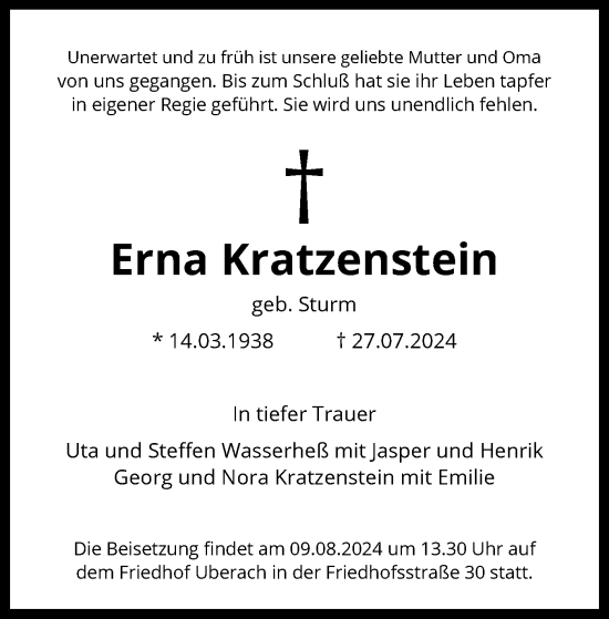 Traueranzeige von Erna Kratzenstein von OF