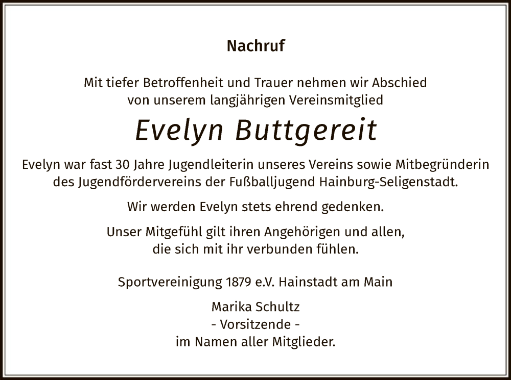  Traueranzeige für Evelyn Buttgereit vom 03.08.2024 aus OF