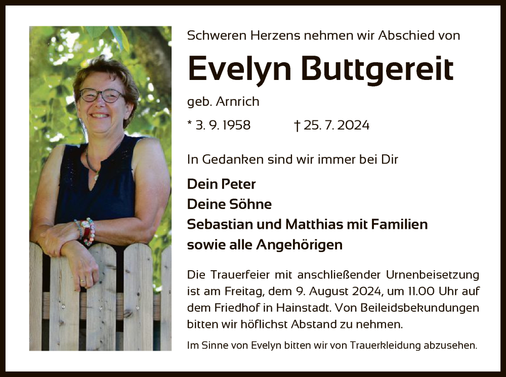  Traueranzeige für Evelyn Buttgereit vom 03.08.2024 aus OF