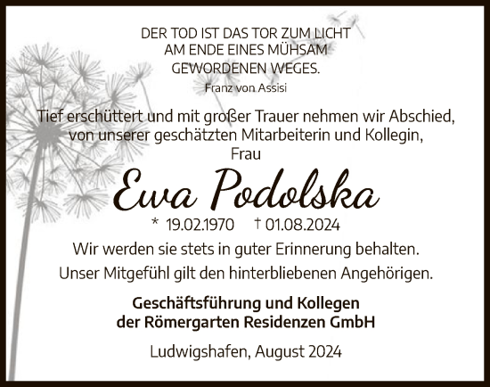 Traueranzeige von Ewa Podolska von OF
