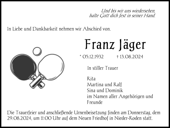 Traueranzeige von Franz Jäger von OF