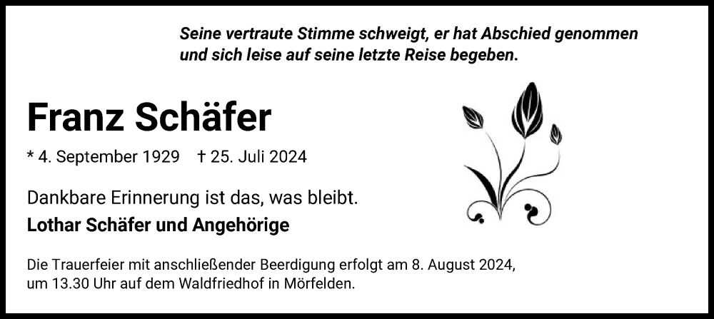  Traueranzeige für Franz Schäfer vom 09.08.2024 aus OF