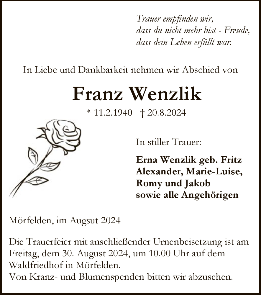  Traueranzeige für Franz Wenzlik vom 30.08.2024 aus OF
