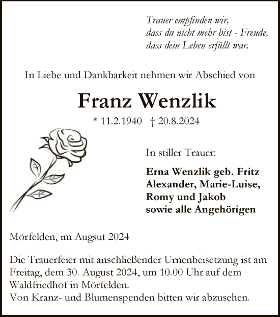 Traueranzeige von Franz Wenzlik von OF