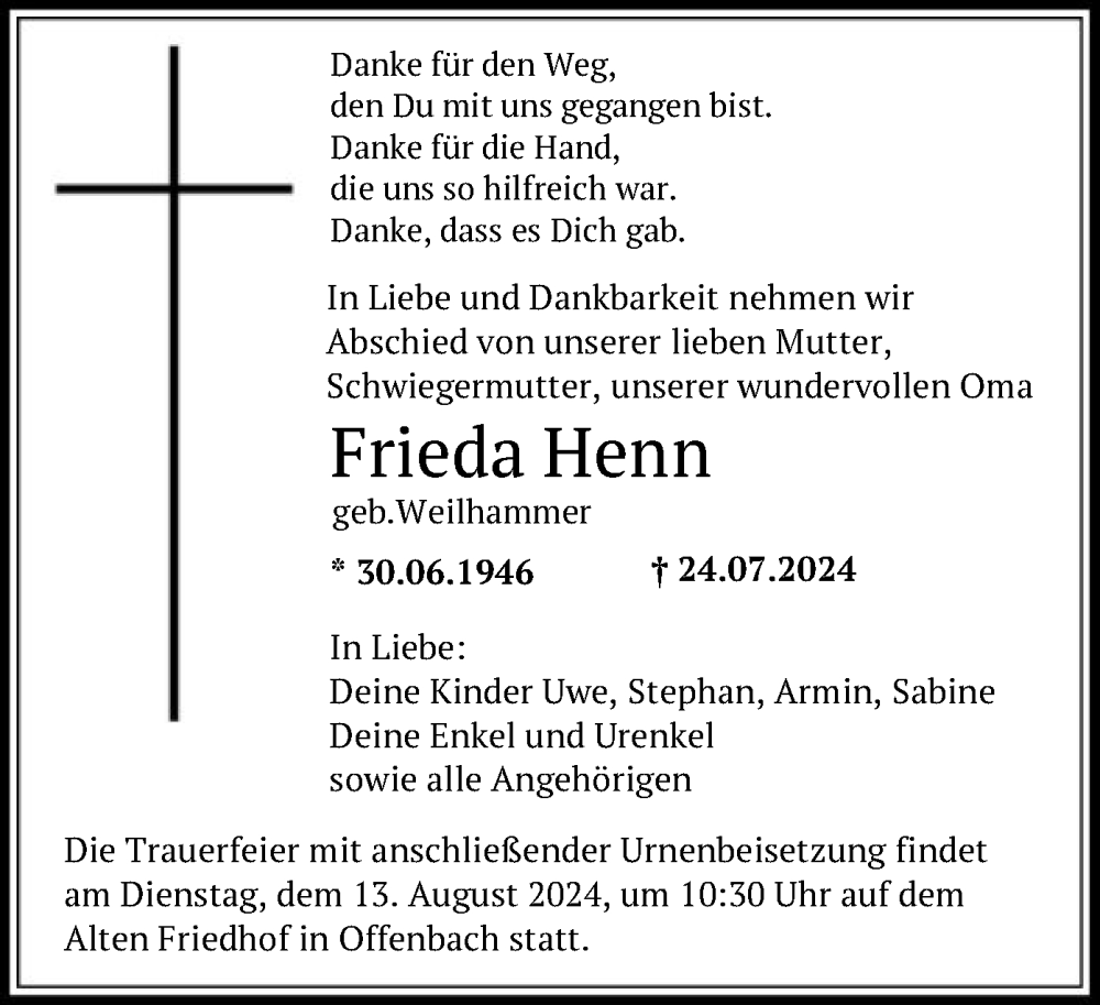  Traueranzeige für Frieda Henn vom 03.08.2024 aus OF
