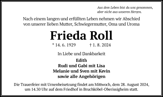 Traueranzeige von Frieda Roll von OF