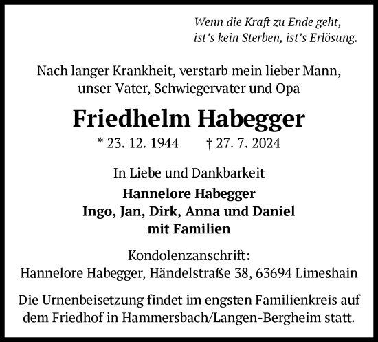 Traueranzeige von Friedhelm Habegger von OF