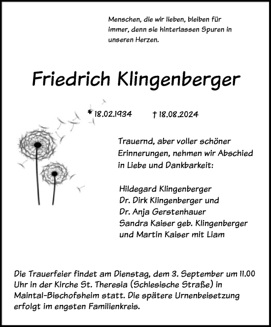 Traueranzeige von Friedrich Klingenberger von OF
