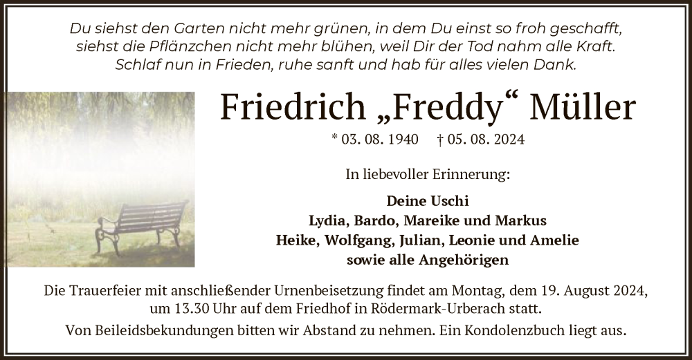  Traueranzeige für Friedrich Müller vom 10.08.2024 aus OF
