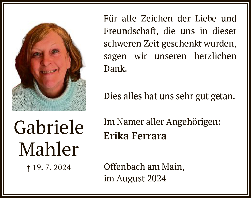  Traueranzeige für Gabriele Mahler vom 24.08.2024 aus OF
