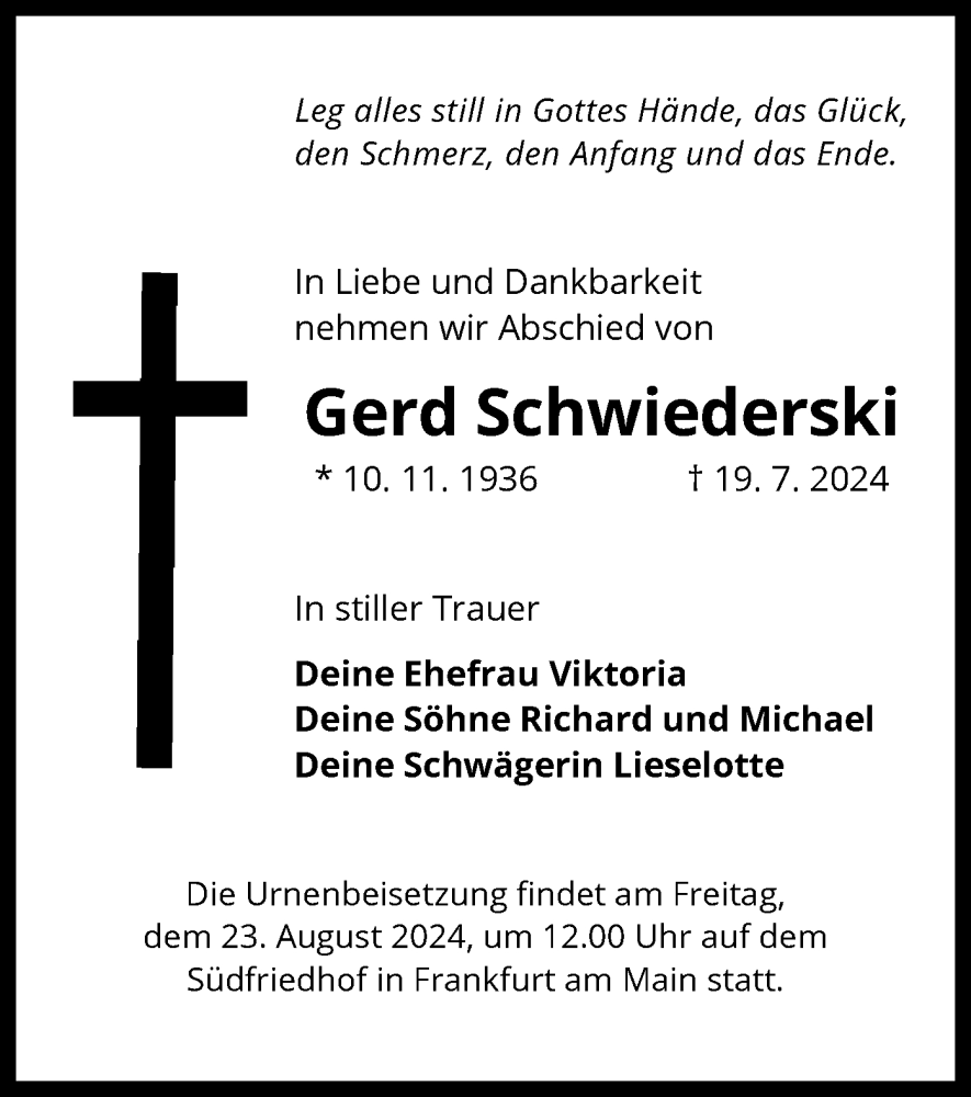  Traueranzeige für Gerd Schwiederski vom 17.08.2024 aus OF