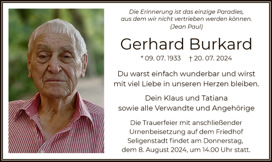 Traueranzeige von Gerhard Burkard von OF