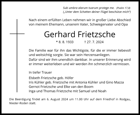 Traueranzeige von Gerhard Frietzsche von OF