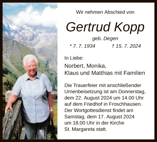 Traueranzeige von Gertrud Kopp von OF