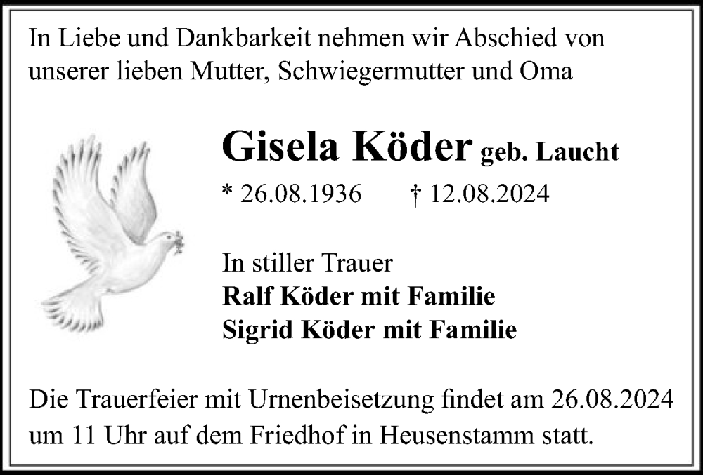  Traueranzeige für Gisela Köder vom 24.08.2024 aus OF